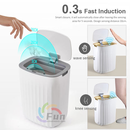Automatic Smart Trash Can with Lid, Touchless Motion Sensor Waste Bin for Kitchen, Bedroom, Living Room & Bathroom features fast induction.